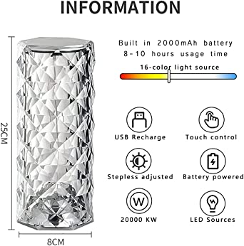 16 Colors Diamond Rose Crystal Touch Lamp Bedside Acrylic Usb Rechargeable Table Lamp – With Remote